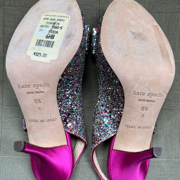 Kate Spade Fuchsia Pink Glitter Bow Heels 6.5 Shoes Sequin Peep Toe HOST PICK 💖 - Picture 4 of 5